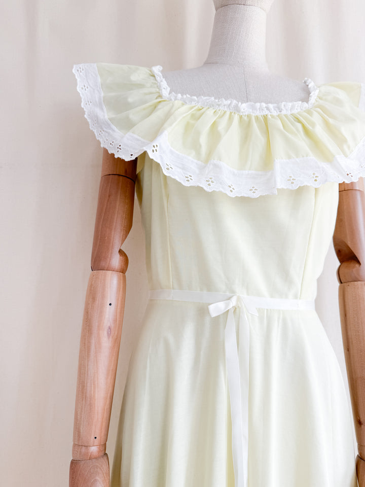 Pretty Soft Yellow Late 70s Bardot Neckline Cotton Maxi Dress
