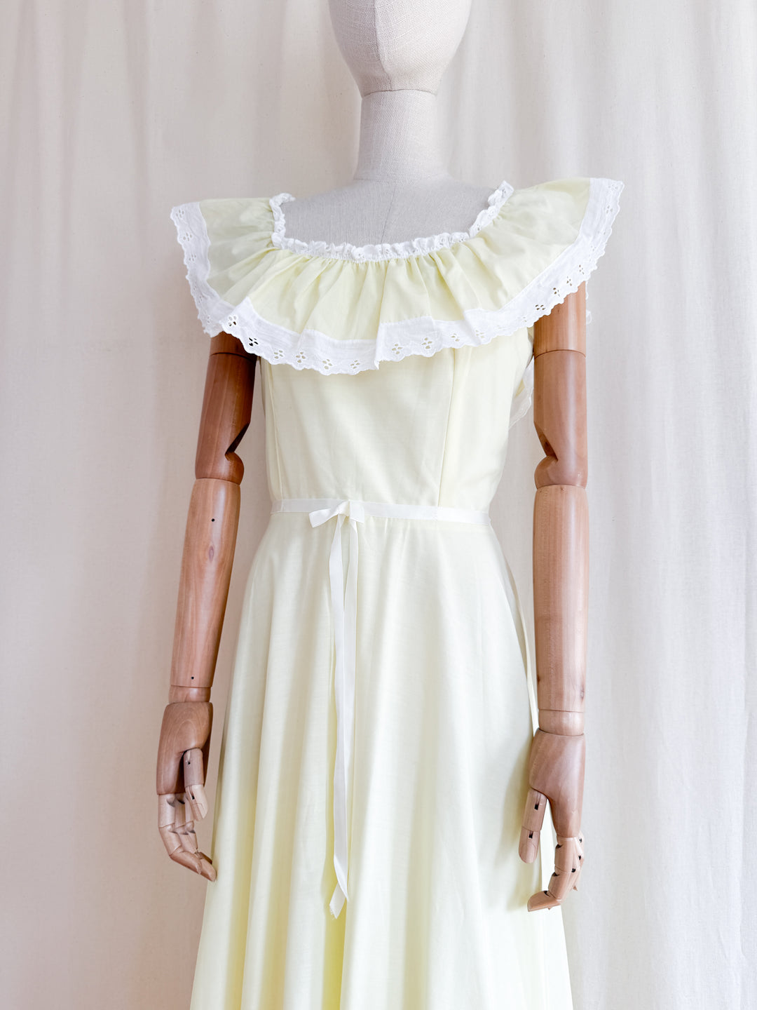 Pretty Soft Yellow Late 70s Bardot Neckline Cotton Maxi Dress