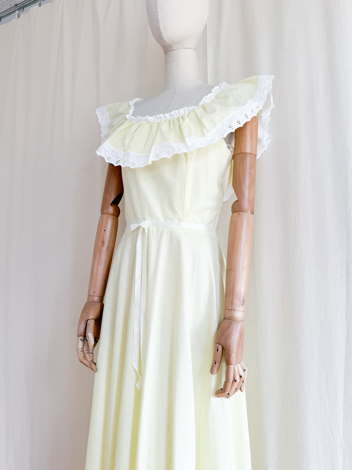 Pretty Soft Yellow Late 70s Bardot Neckline Cotton Maxi Dress