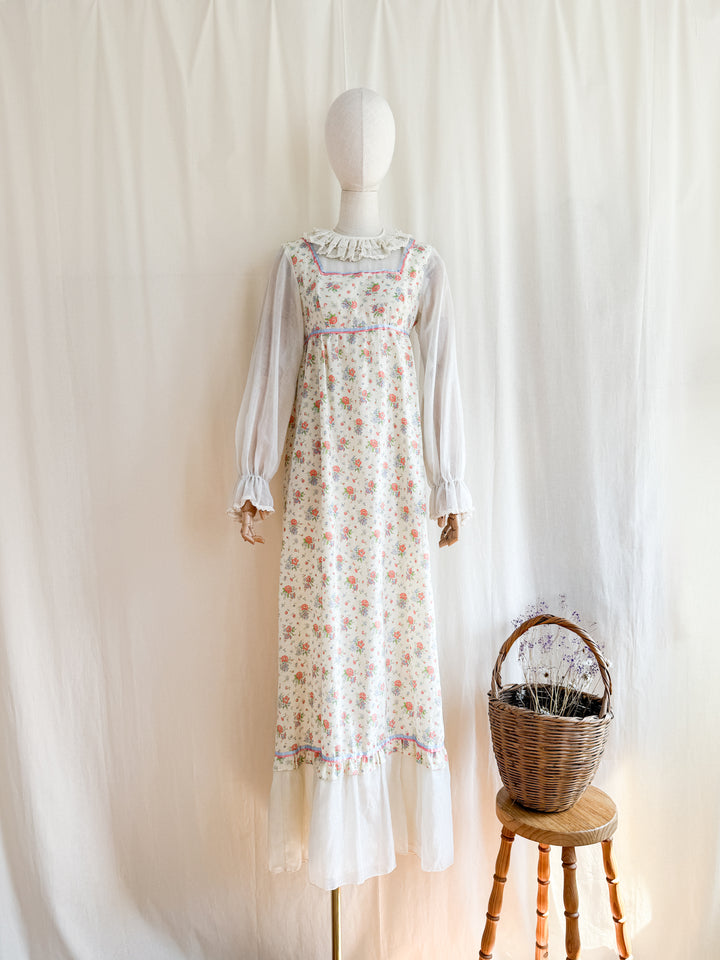 Heavenly Pierrot Collar 70s Floral Cotton Maxi Dress