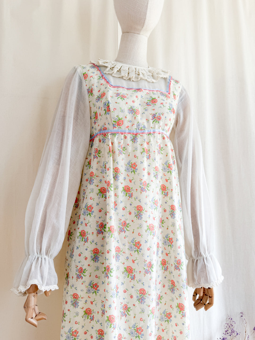 Heavenly Pierrot Collar 70s Floral Cotton Maxi Dress