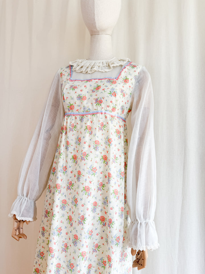 Heavenly Pierrot Collar 70s Floral Cotton Maxi Dress
