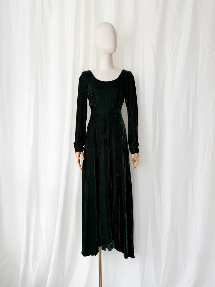 PRECIOUS 1990S IDOL GREEN WOOL VELVET WHIMSY GOTH MAXI DRESS