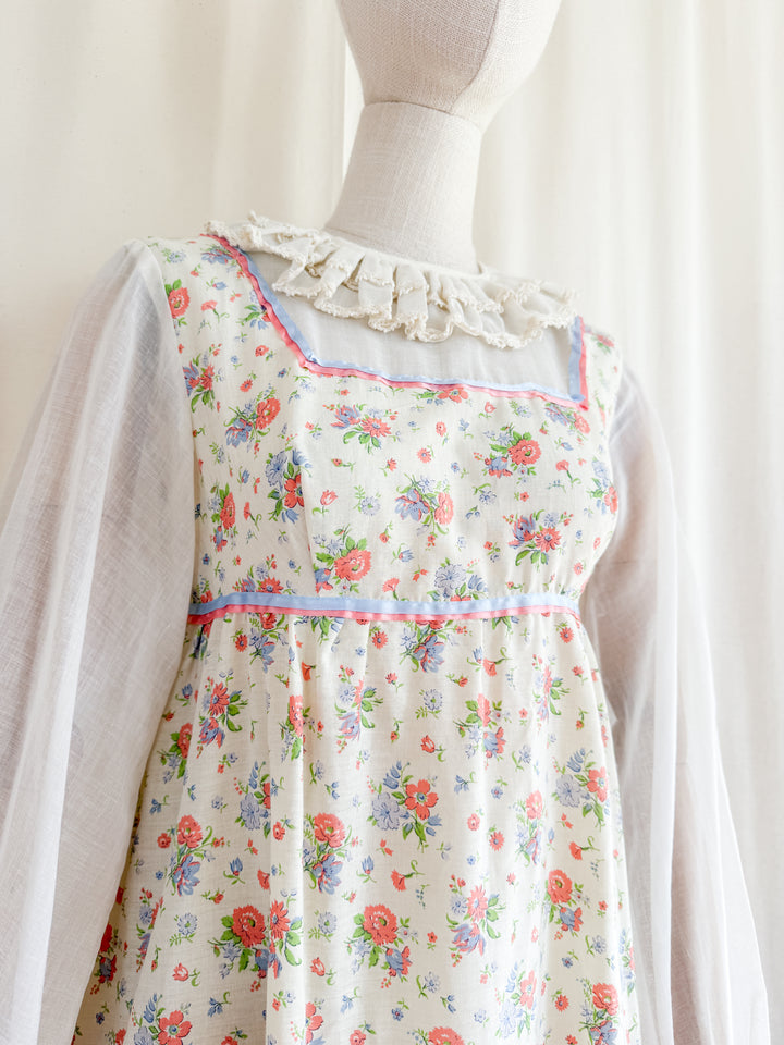 Heavenly Pierrot Collar 70s Floral Cotton Maxi Dress