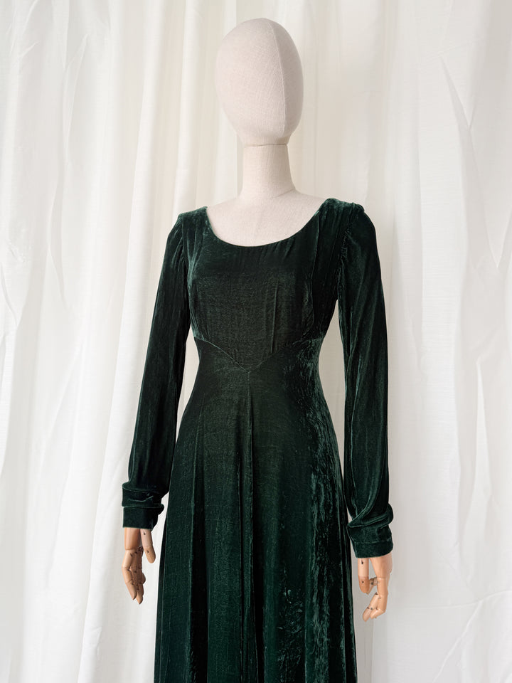 PRECIOUS 1990S IDOL GREEN WOOL VELVET WHIMSY GOTH MAXI DRESS