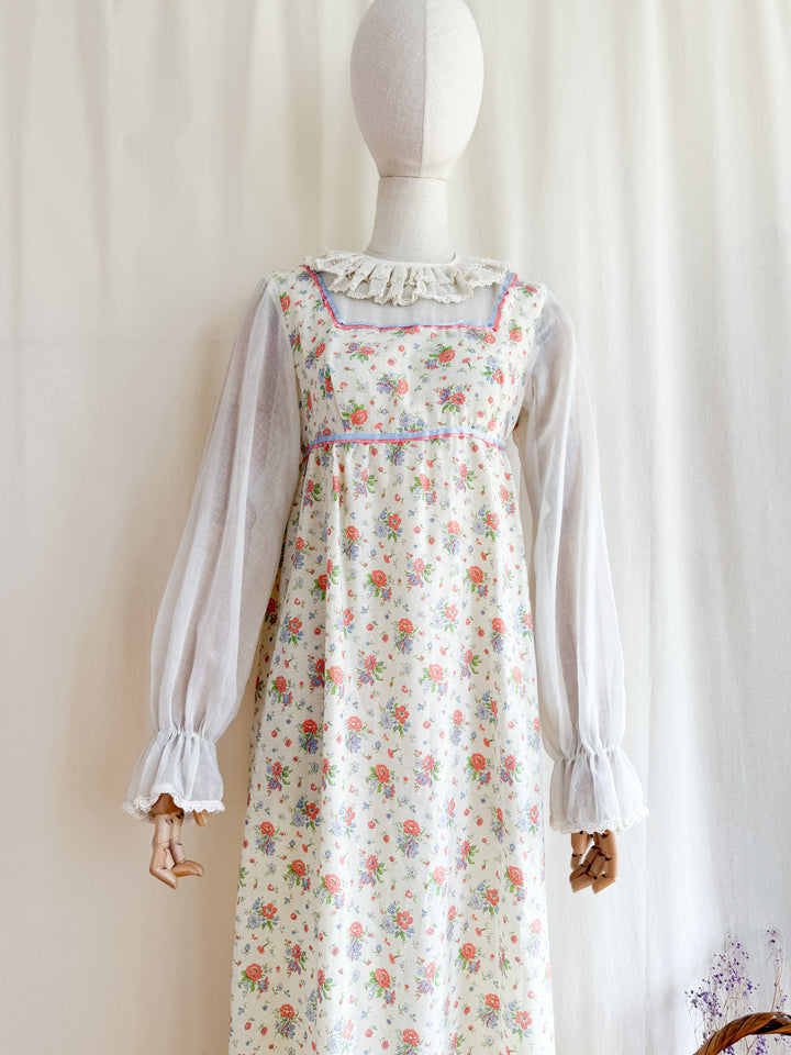Heavenly Pierrot Collar 70s Floral Cotton Maxi Dress