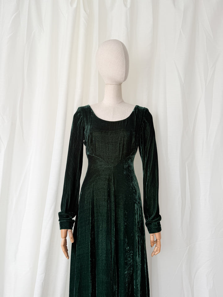 PRECIOUS 1990S IDOL GREEN WOOL VELVET WHIMSY GOTH MAXI DRESS