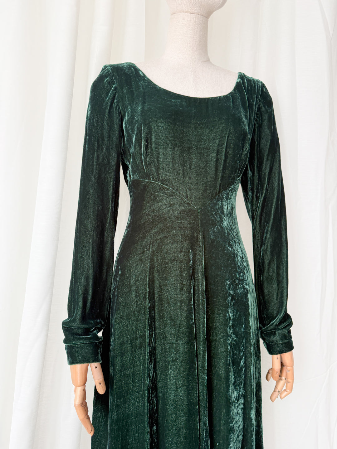 PRECIOUS 1990S IDOL GREEN WOOL VELVET WHIMSY GOTH MAXI DRESS