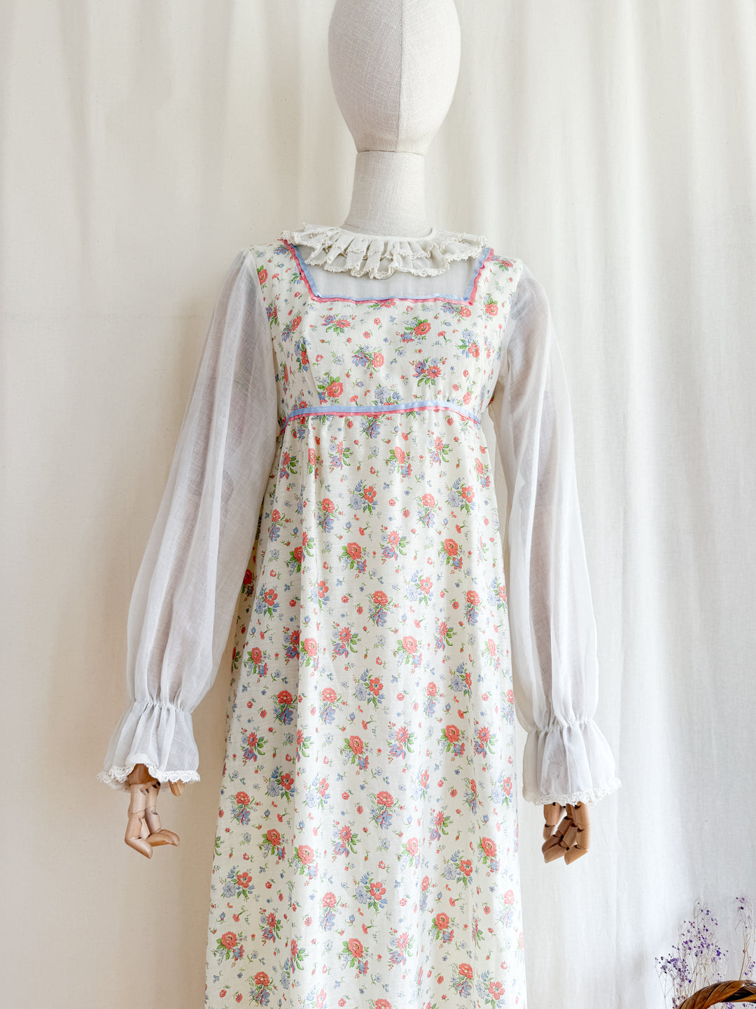 Heavenly Pierrot Collar 70s Floral Cotton Maxi Dress