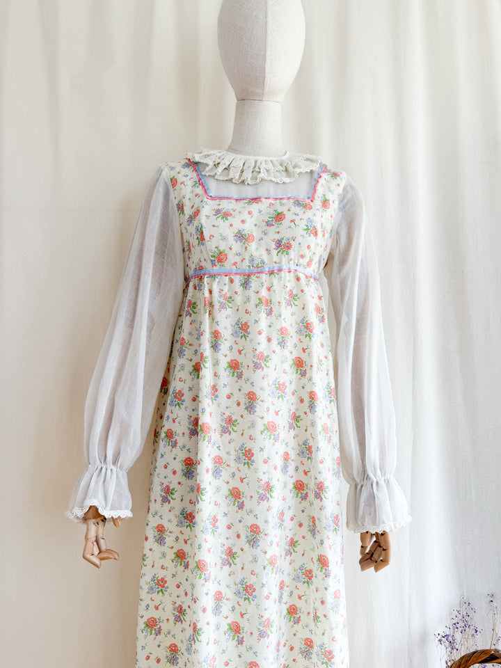 Heavenly Pierrot Collar 70s Floral Cotton Maxi Dress