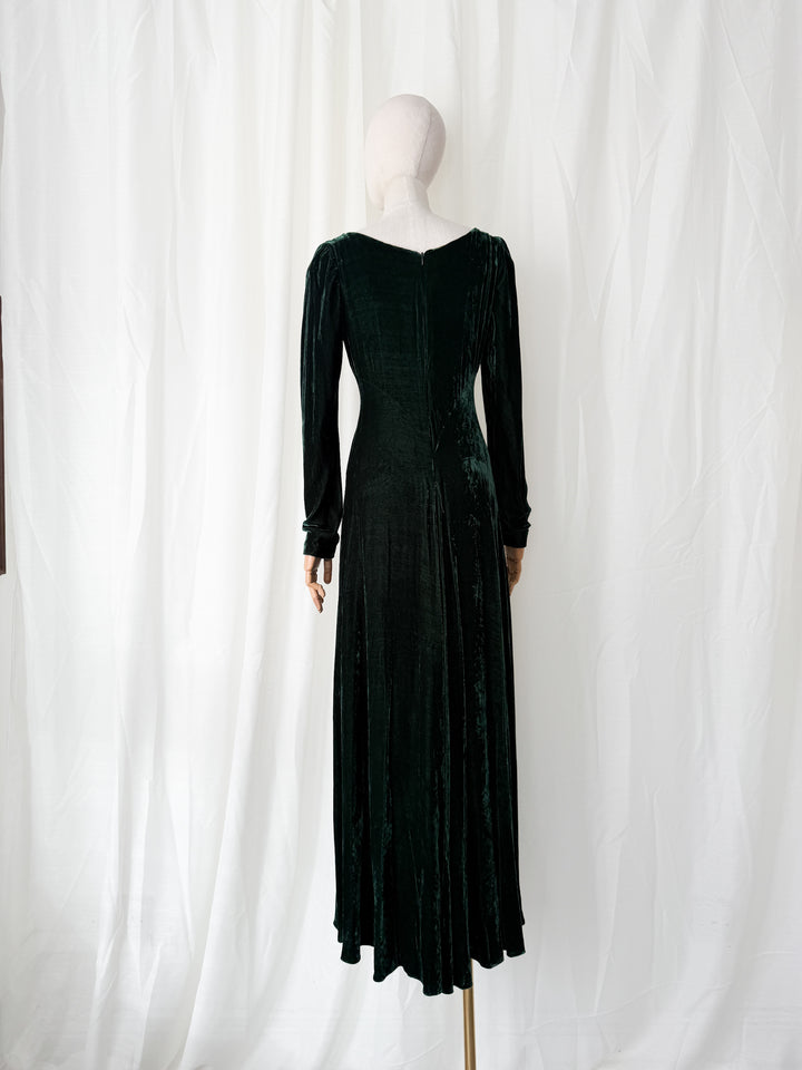 PRECIOUS 1990S IDOL GREEN WOOL VELVET WHIMSY GOTH MAXI DRESS