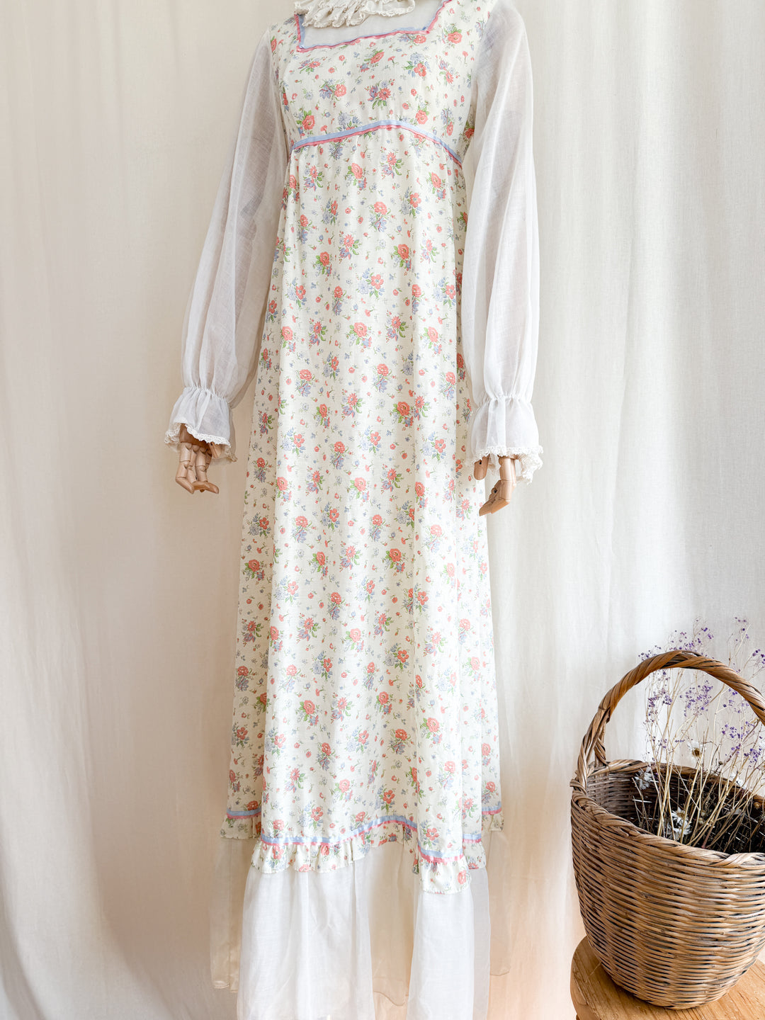 Heavenly Pierrot Collar 70s Floral Cotton Maxi Dress