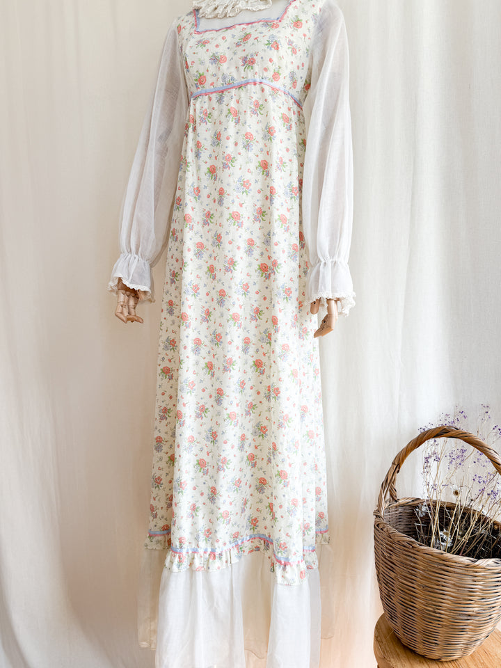 Heavenly Pierrot Collar 70s Floral Cotton Maxi Dress