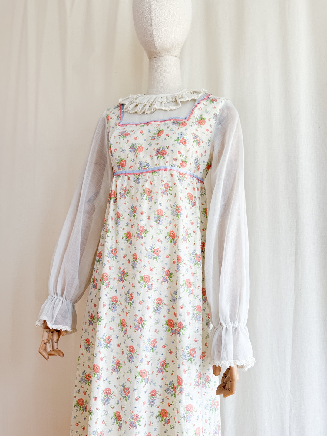 Heavenly Pierrot Collar 70s Floral Cotton Maxi Dress