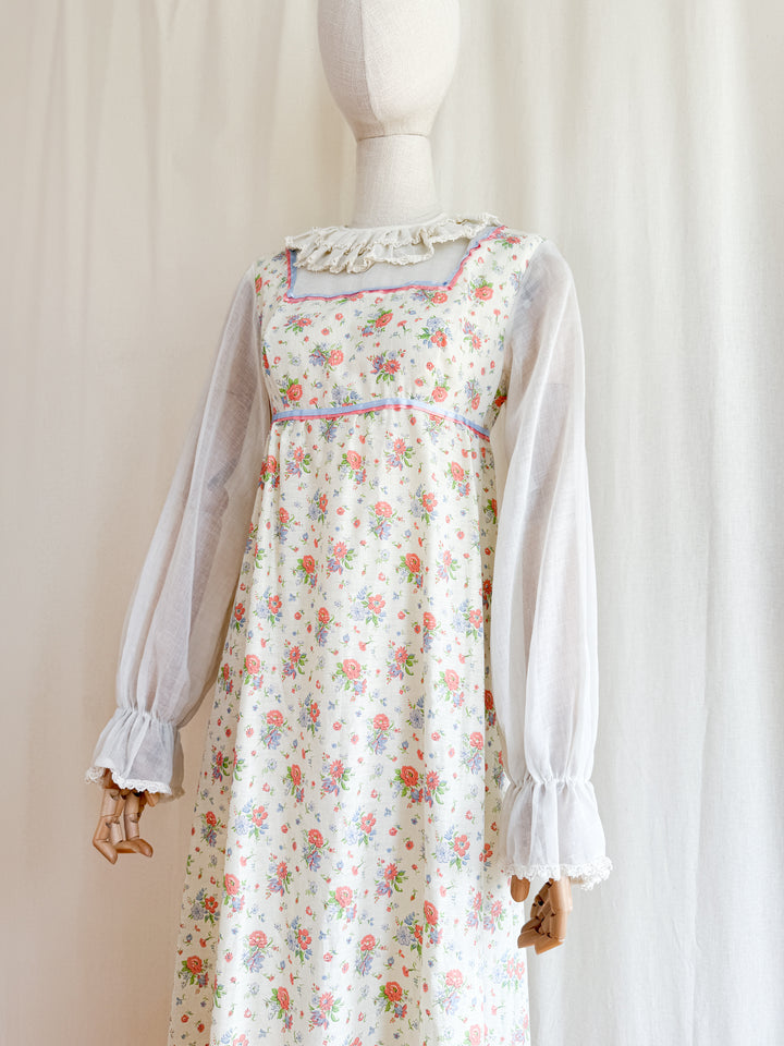 Heavenly Pierrot Collar 70s Floral Cotton Maxi Dress