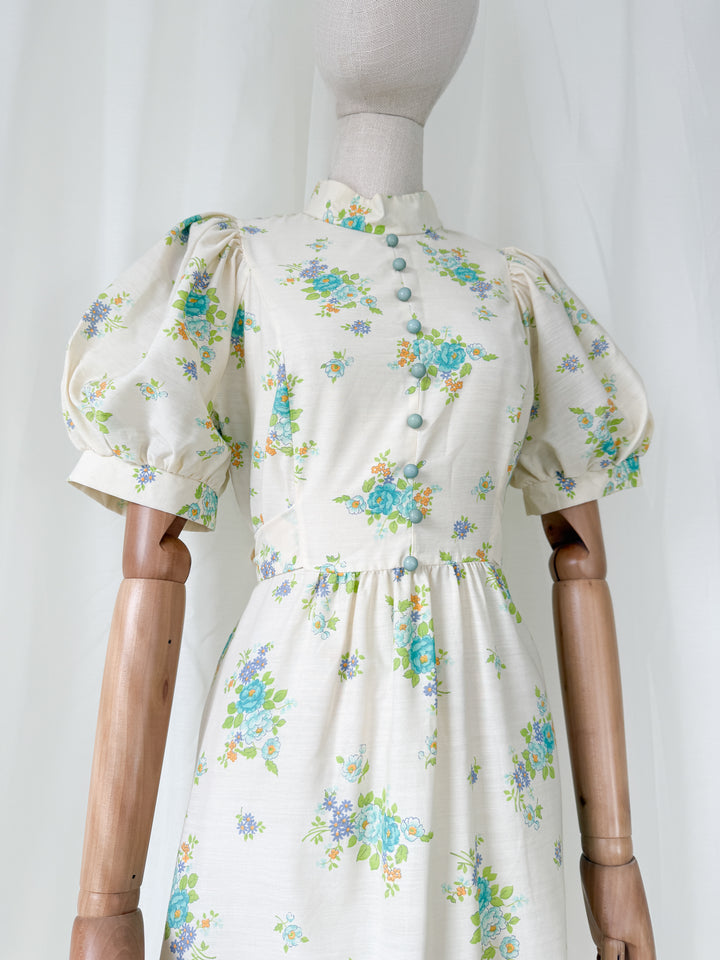 Beautiful Puff Sleeve Floral Cotton 1970s Maxi Dress