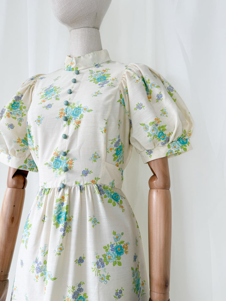 Beautiful Puff Sleeve Floral Cotton 1970s Maxi Dress