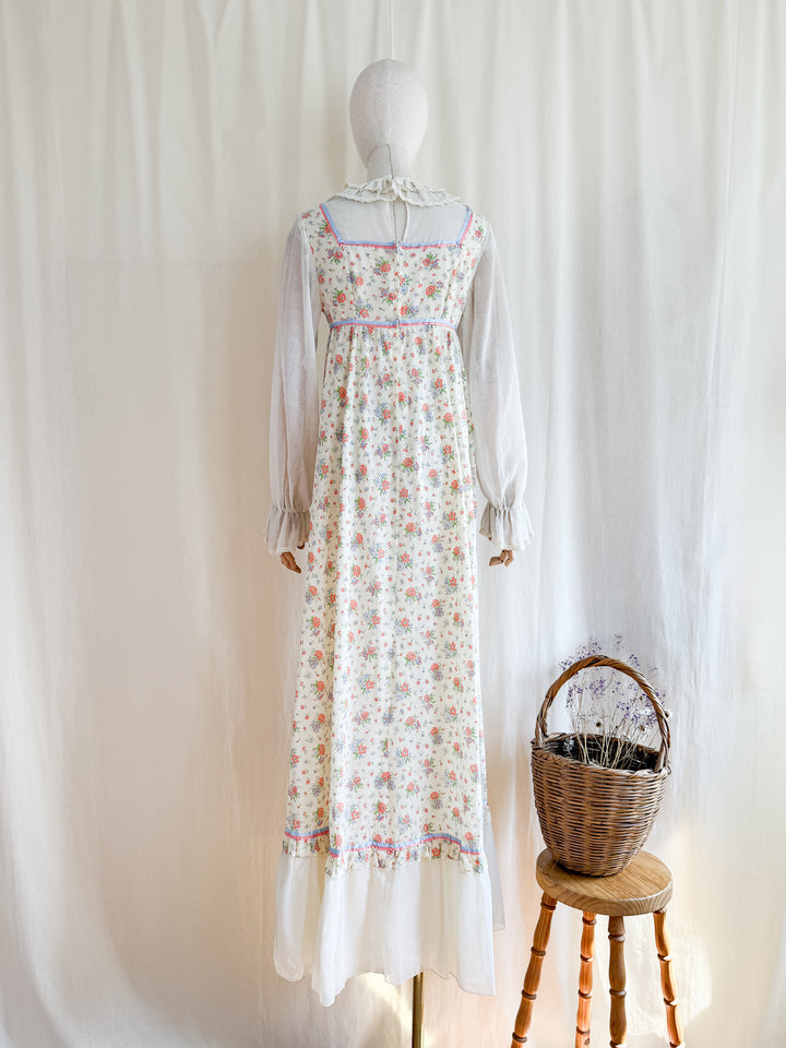 Heavenly Pierrot Collar 70s Floral Cotton Maxi Dress