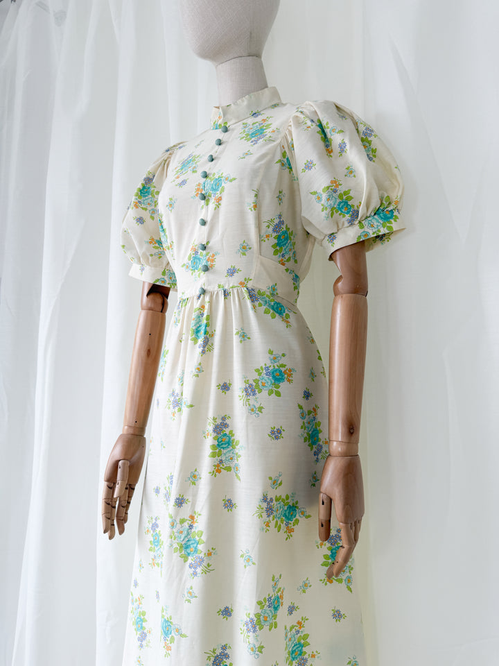 Beautiful Puff Sleeve Floral Cotton 1970s Maxi Dress