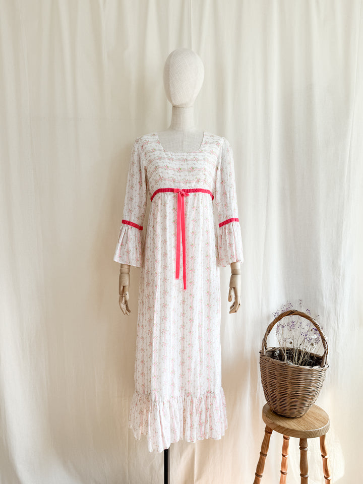 Dreamy 70s Soft Textured Floral Cotton Fluted Sleeve Maxi Dress