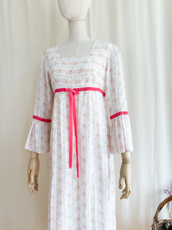 Dreamy 70s Soft Textured Floral Cotton Fluted Sleeve Maxi Dress