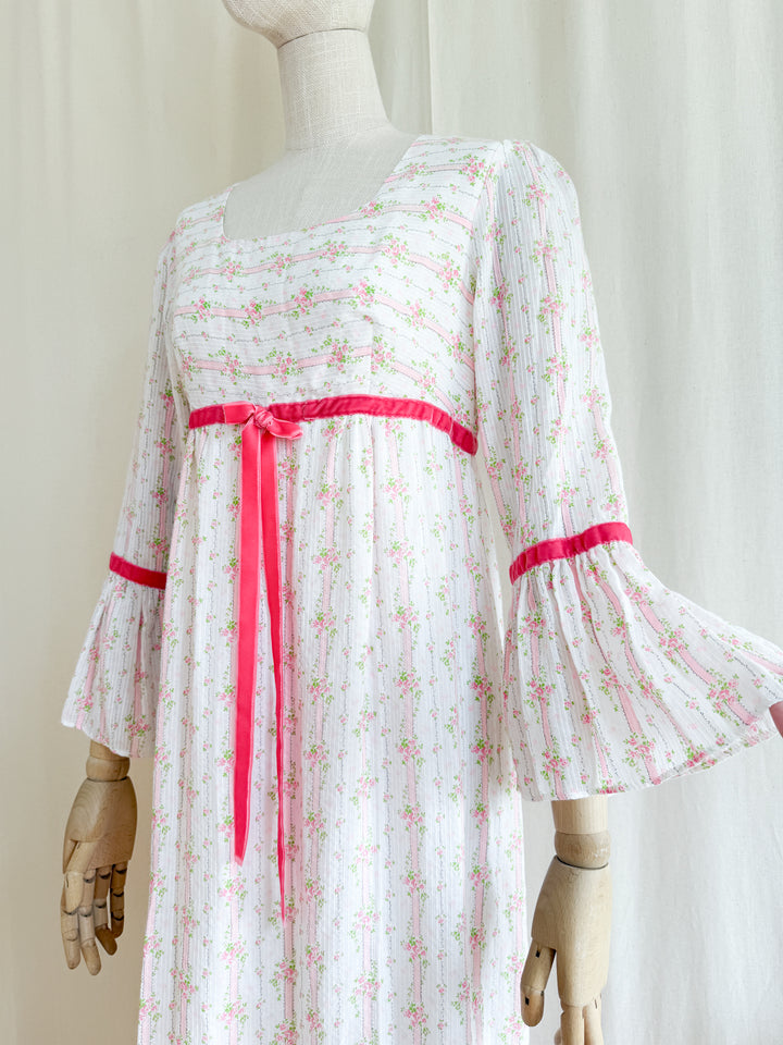 Dreamy 70s Soft Textured Floral Cotton Fluted Sleeve Maxi Dress