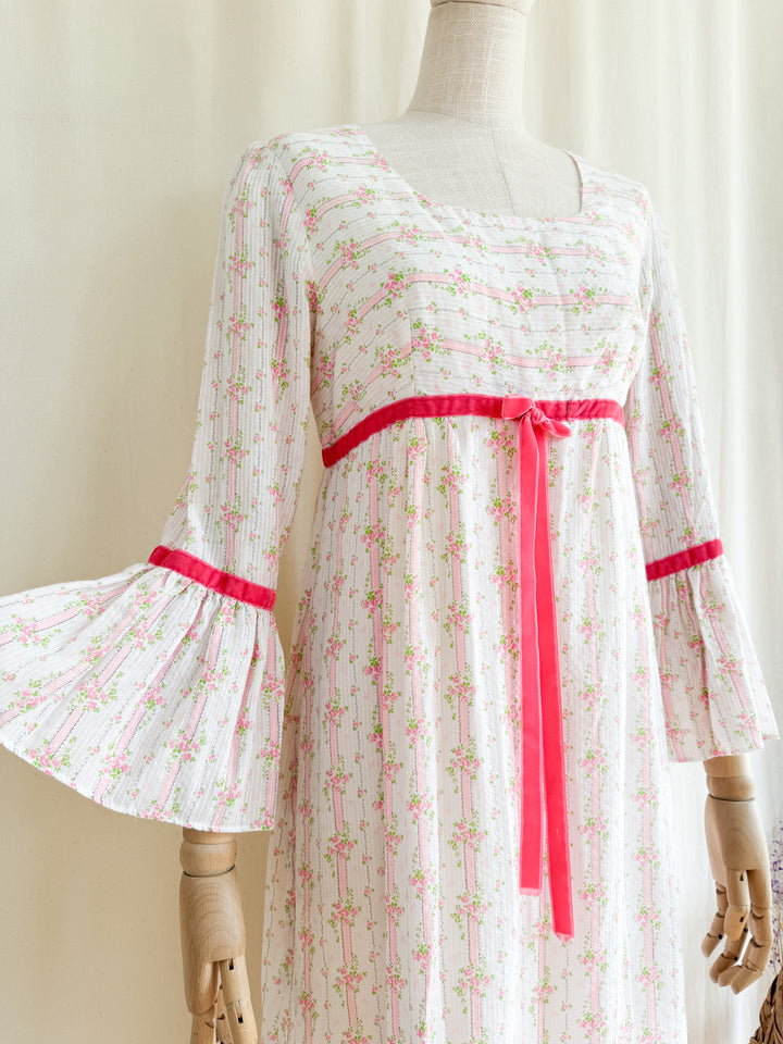 Dreamy 70s Soft Textured Floral Cotton Fluted Sleeve Maxi Dress