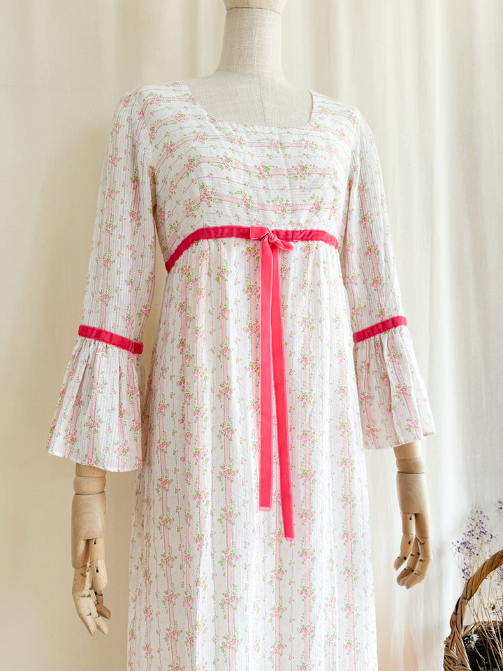 Dreamy 70s Soft Textured Floral Cotton Fluted Sleeve Maxi Dress