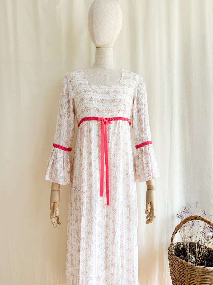Dreamy 70s Soft Textured Floral Cotton Fluted Sleeve Maxi Dress