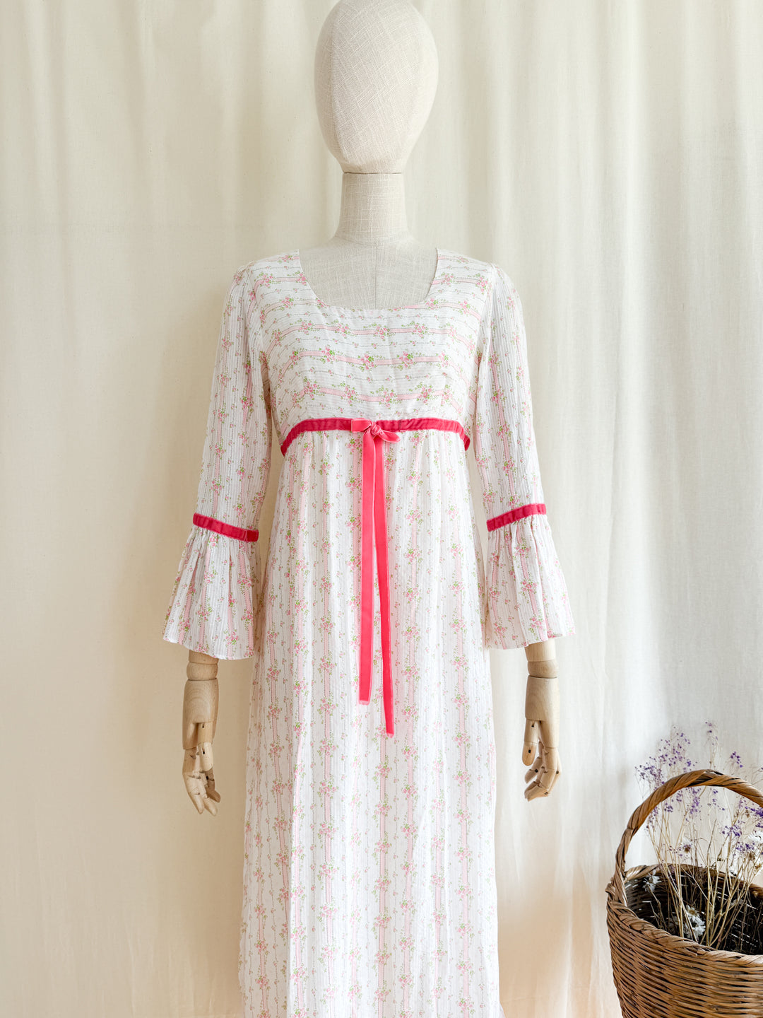 Dreamy 70s Soft Textured Floral Cotton Fluted Sleeve Maxi Dress