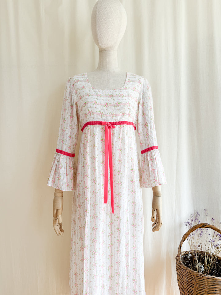 Dreamy 70s Soft Textured Floral Cotton Fluted Sleeve Maxi Dress