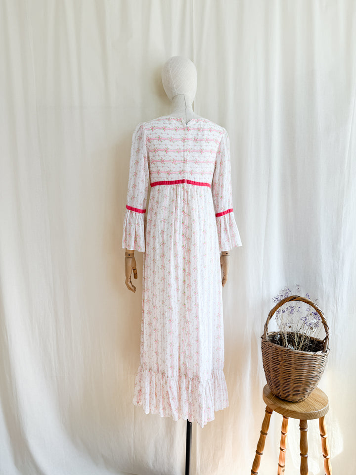 Dreamy 70s Soft Textured Floral Cotton Fluted Sleeve Maxi Dress