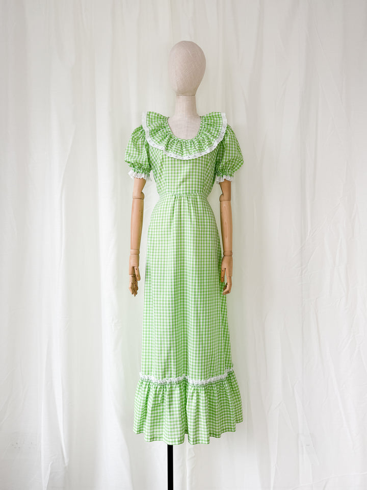 Stunning 1970s Green Cotton Gingham Maxi Dress