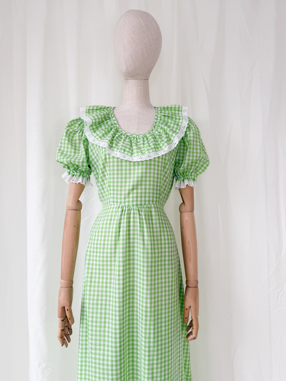 Stunning 1970s Green Cotton Gingham Maxi Dress