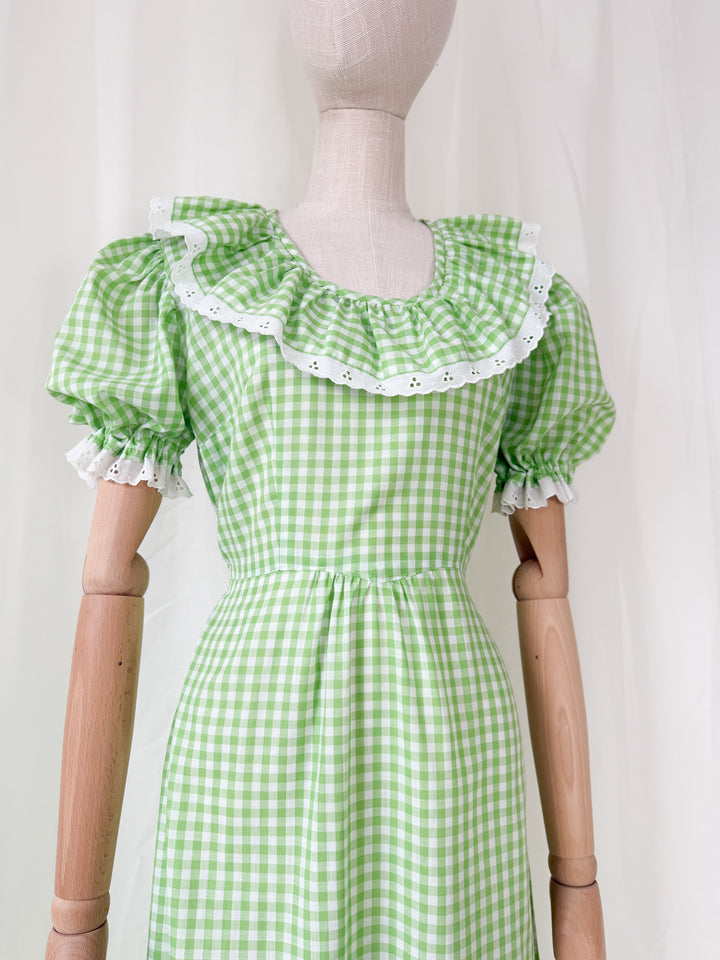 Stunning 1970s Green Cotton Gingham Maxi Dress