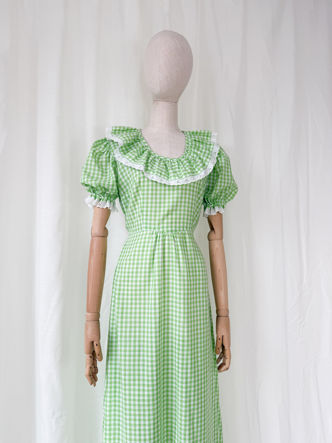 Stunning 1970s Green Cotton Gingham Maxi Dress