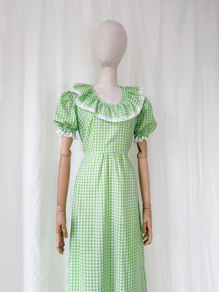 Stunning 1970s Green Cotton Gingham Maxi Dress