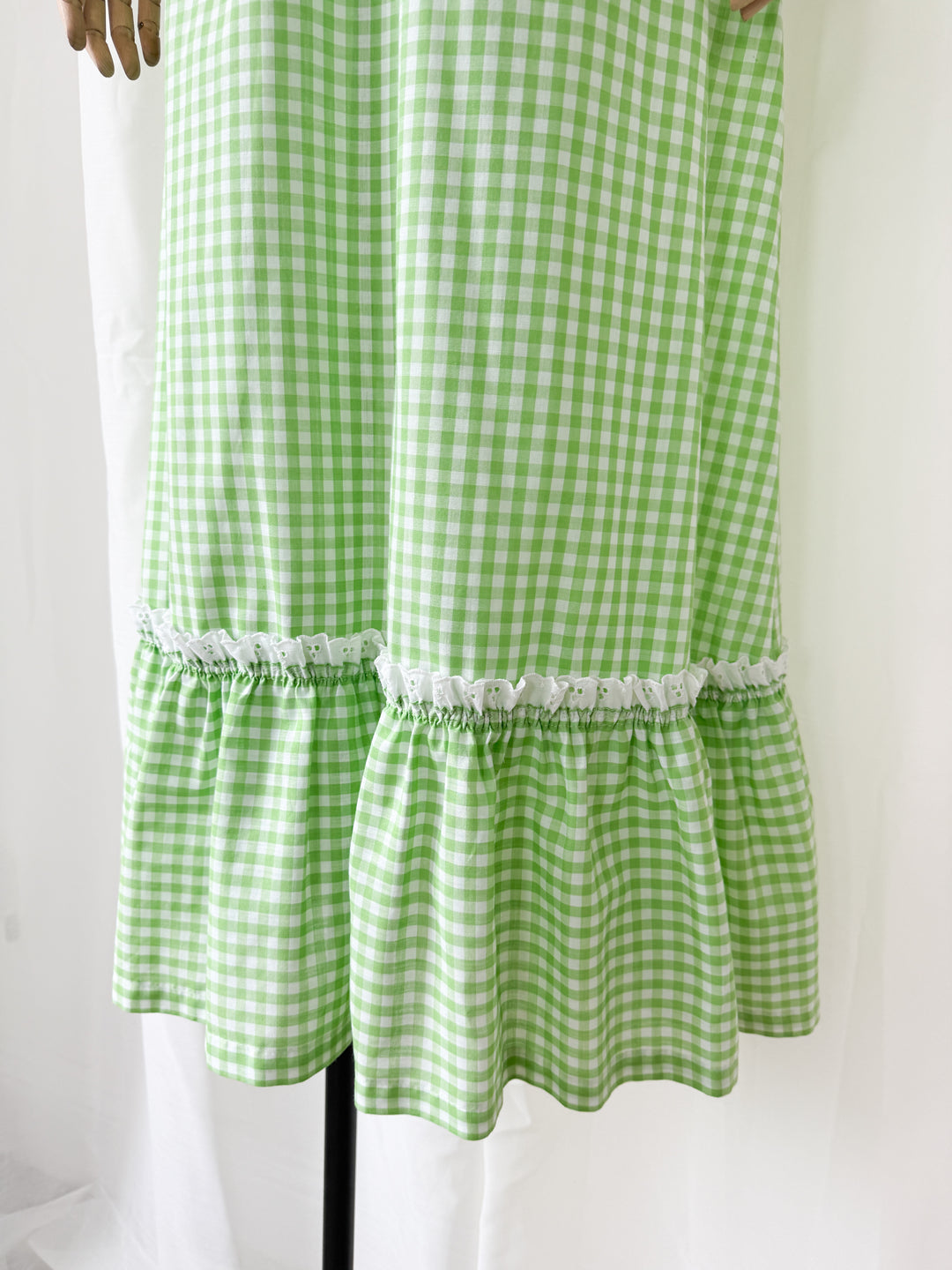 Stunning 1970s Green Cotton Gingham Maxi Dress