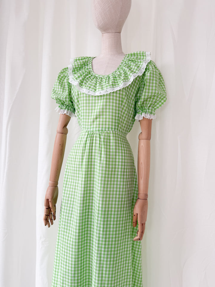 Stunning 1970s Green Cotton Gingham Maxi Dress