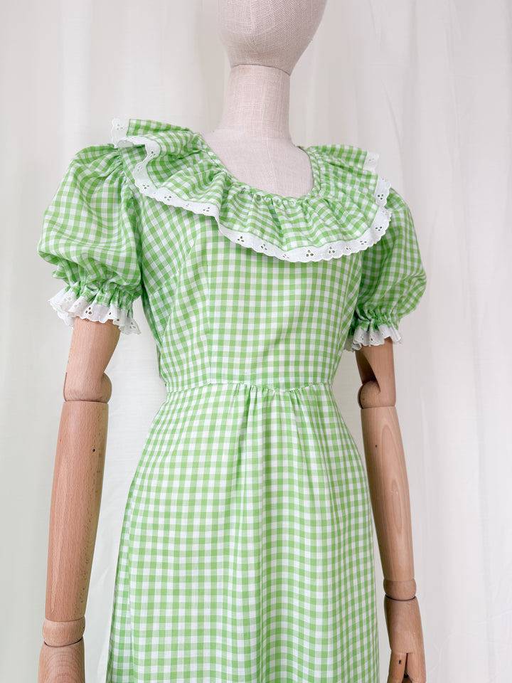 Stunning 1970s Green Cotton Gingham Maxi Dress