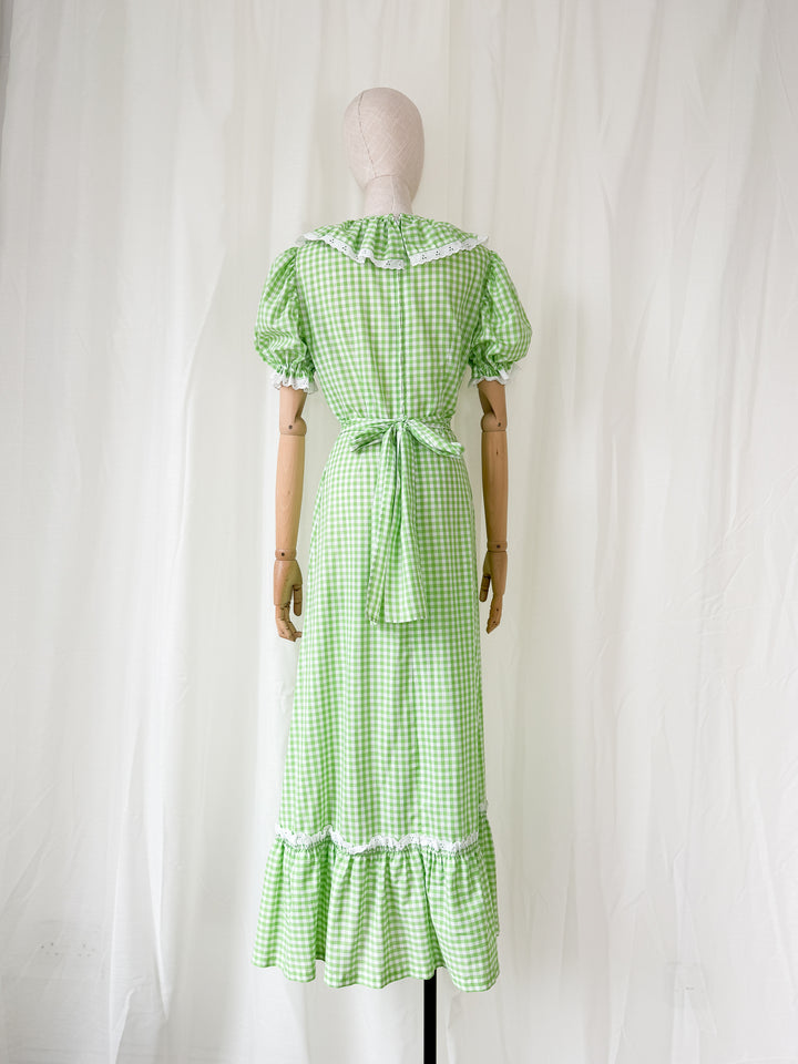 Stunning 1970s Green Cotton Gingham Maxi Dress