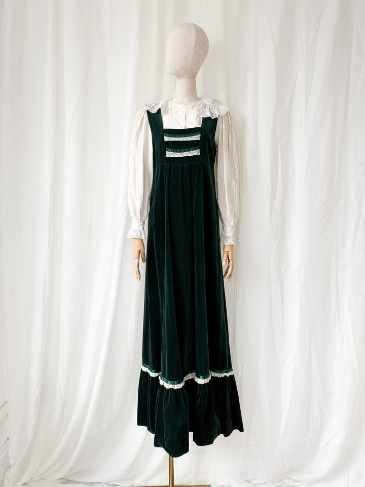 STUNNING 1970S GREEN VELVET MARION DONALDSON PINAFORE MAXI DRESS