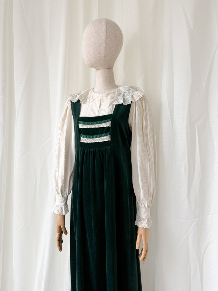 STUNNING 1970S GREEN VELVET MARION DONALDSON PINAFORE MAXI DRESS