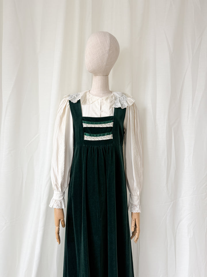 STUNNING 1970S GREEN VELVET MARION DONALDSON PINAFORE MAXI DRESS