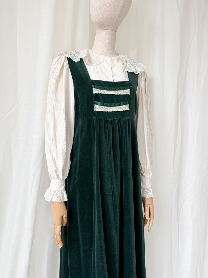 STUNNING 1970S GREEN VELVET MARION DONALDSON PINAFORE MAXI DRESS