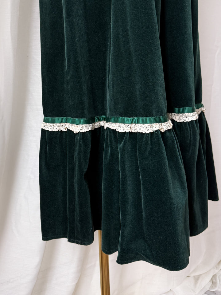 STUNNING 1970S GREEN VELVET MARION DONALDSON PINAFORE MAXI DRESS