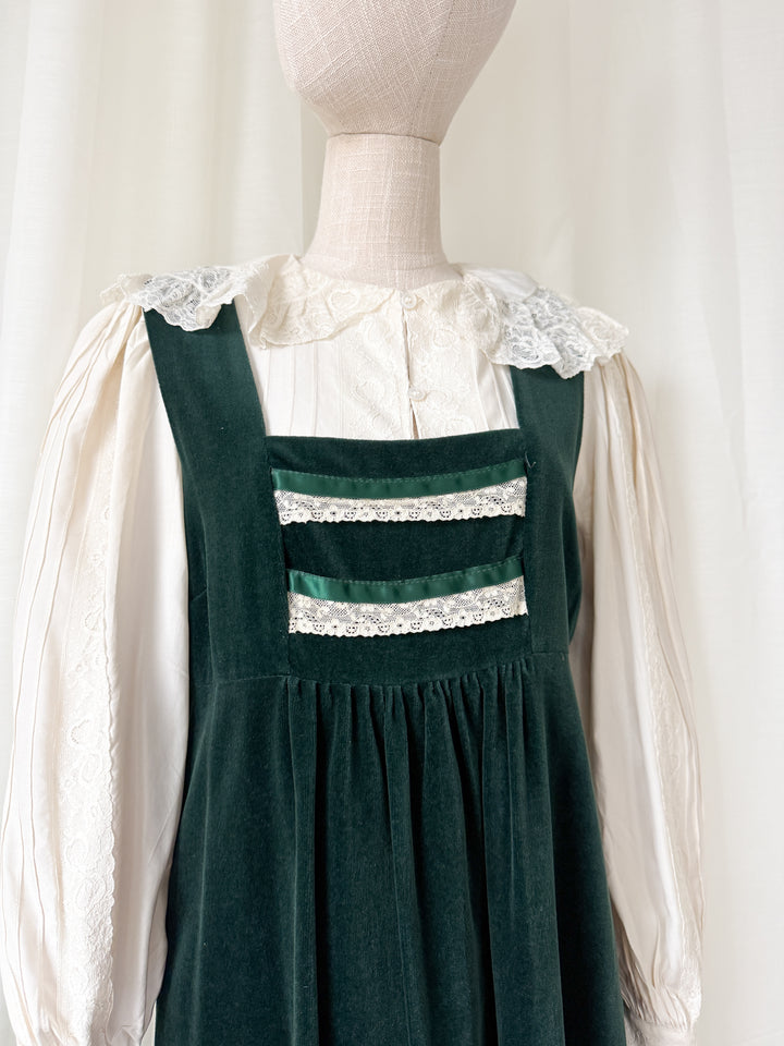 STUNNING 1970S GREEN VELVET MARION DONALDSON PINAFORE MAXI DRESS