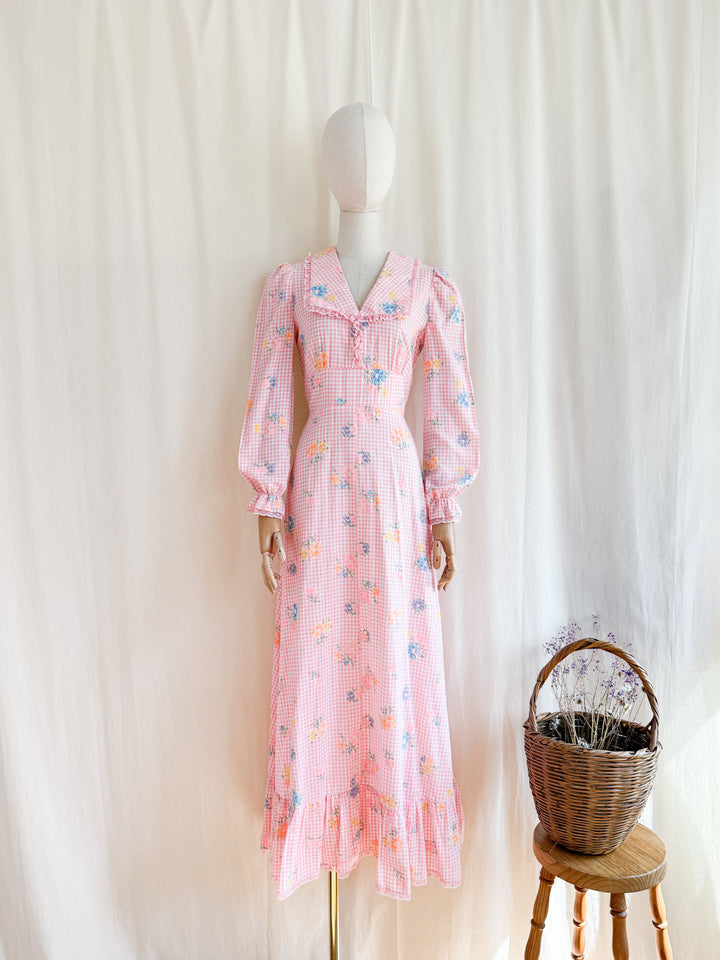Preciously Pretty 70s Pink Gingham Cotton Floral Maxi Dress