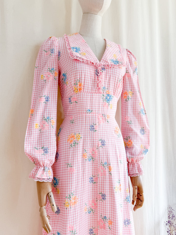 Preciously Pretty 70s Pink Gingham Cotton Floral Maxi Dress