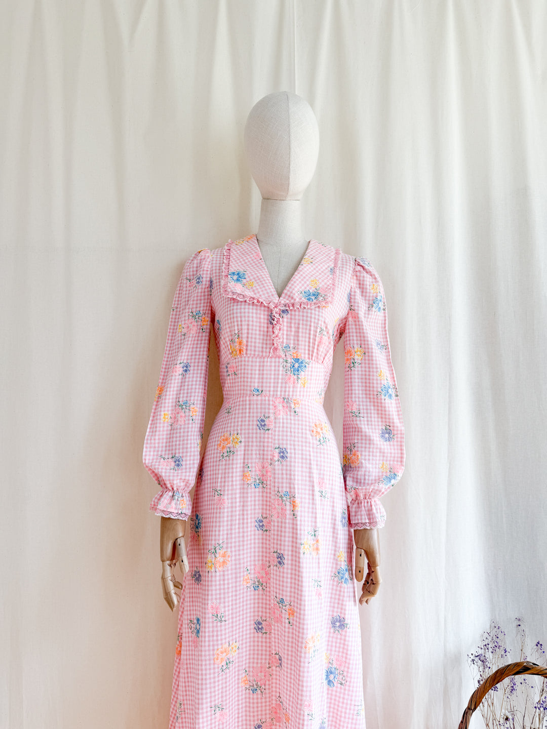 Preciously Pretty 70s Pink Gingham Cotton Floral Maxi Dress